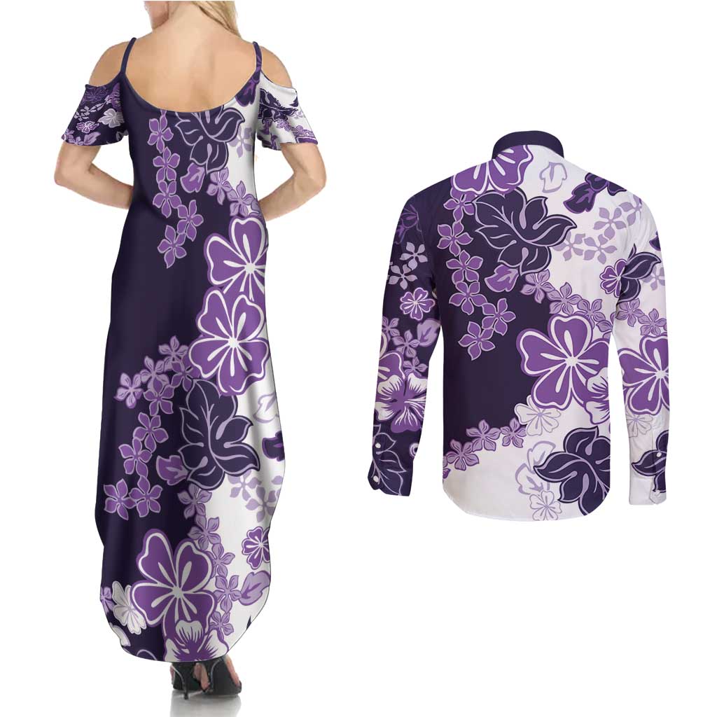 Purple Hibiscus Plumeria Floral Couples Matching Summer Maxi Dress and Long Sleeve Button Shirt LT01 - Polynesian Pride