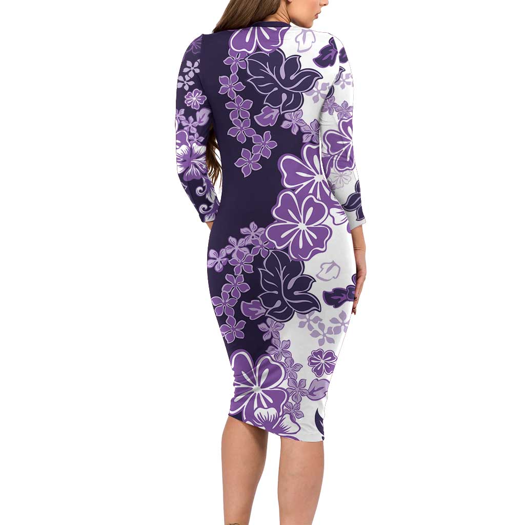 Purple Hibiscus Plumeria Floral Family Matching Long Sleeve Bodycon Dress and Hawaiian Shirt LT01 - Polynesian Pride