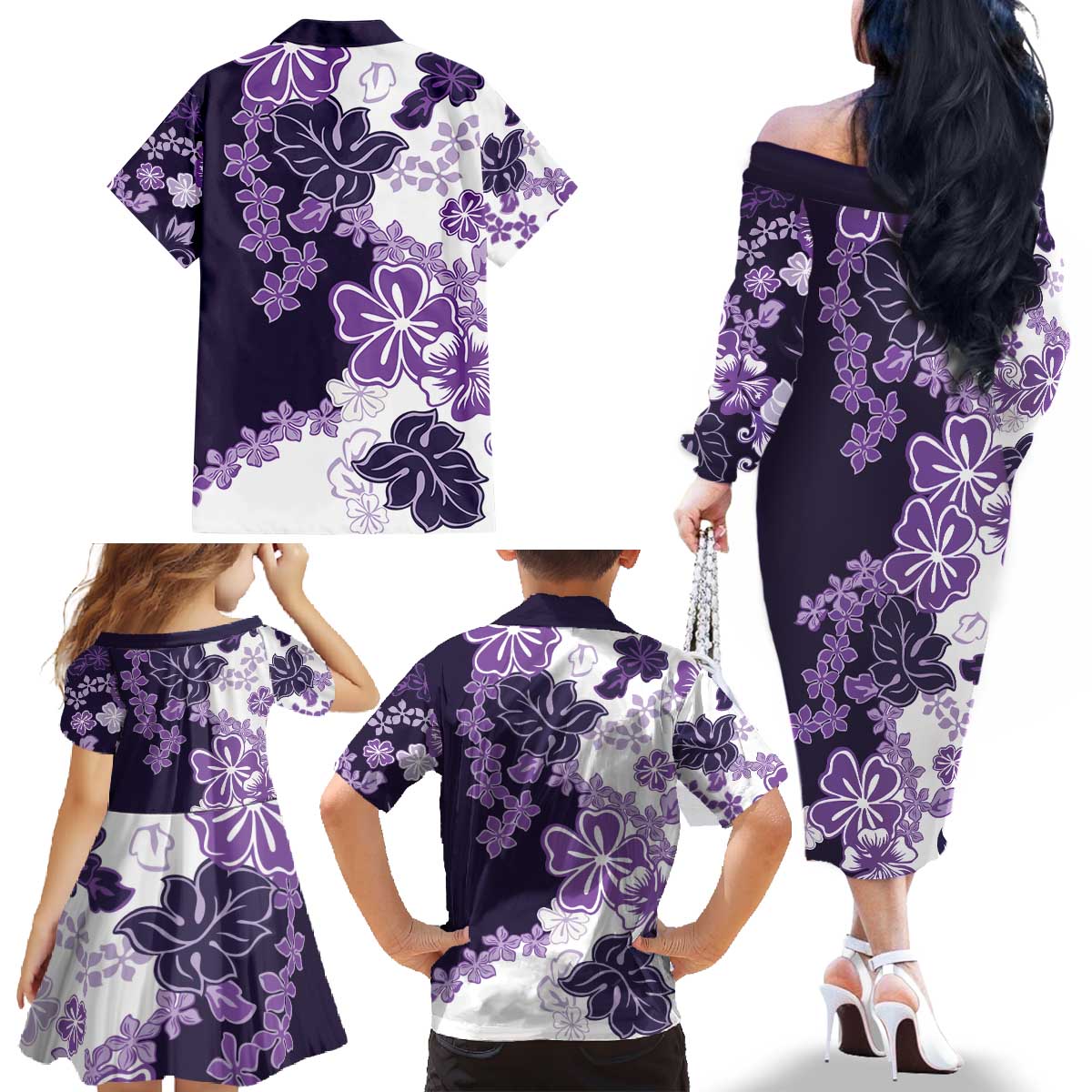 Purple Hibiscus Plumeria Floral Family Matching Off The Shoulder Long Sleeve Dress and Hawaiian Shirt - Polynesian Pride