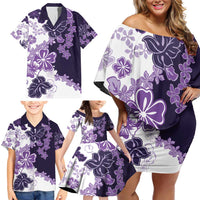 Purple Hibiscus Plumeria Floral Family Matching Off Shoulder Short Dress and Hawaiian Shirt - Polynesian Pride