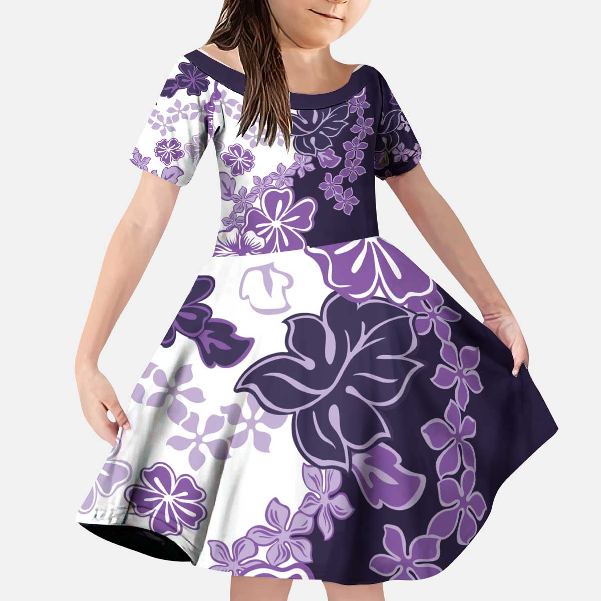 Purple Hibiscus Plumeria Floral Kid Short Sleeve Dress - Polynesian Pride