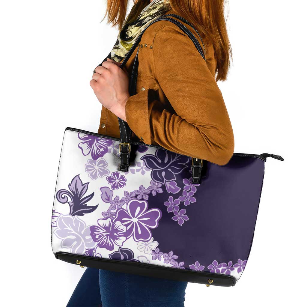 Purple Hibiscus Plumeria Floral Leather Tote Bag - Polynesian Pride