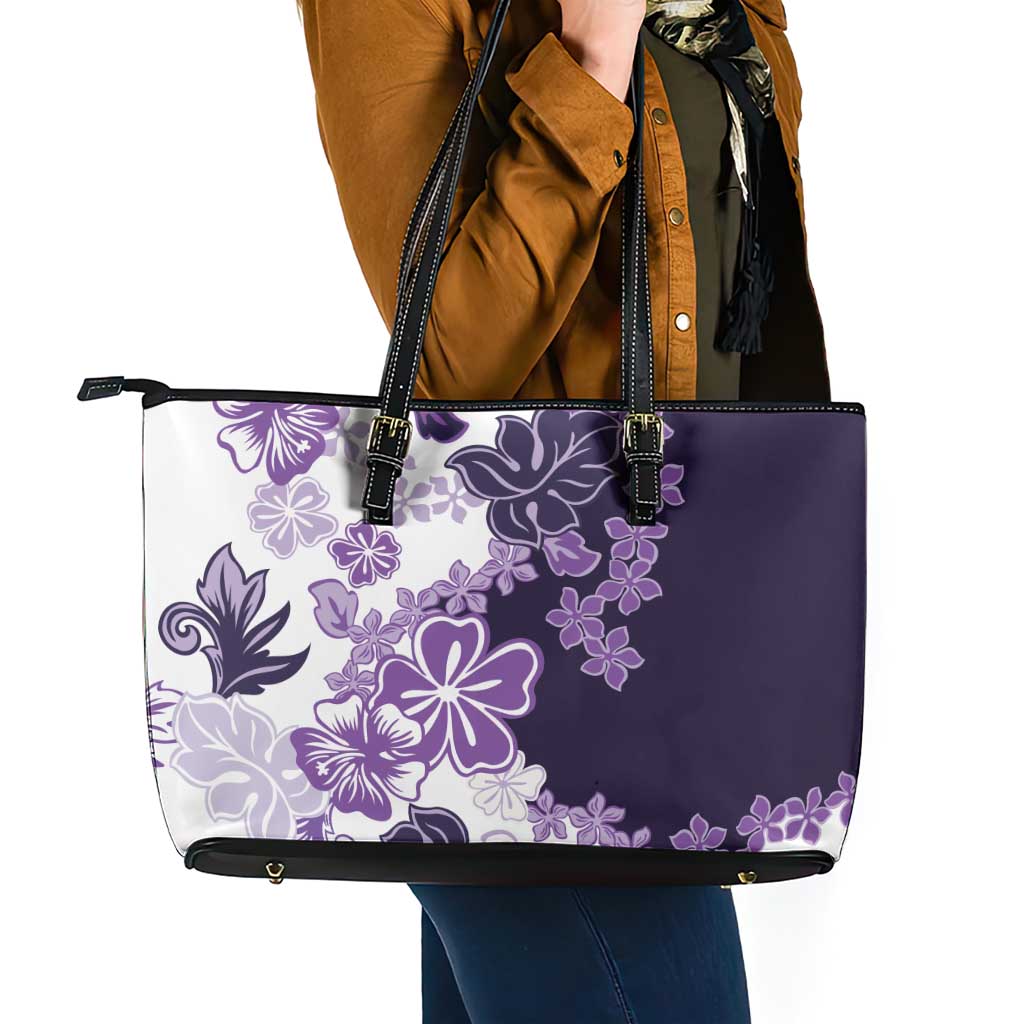 Purple Hibiscus Plumeria Floral Leather Tote Bag - Polynesian Pride