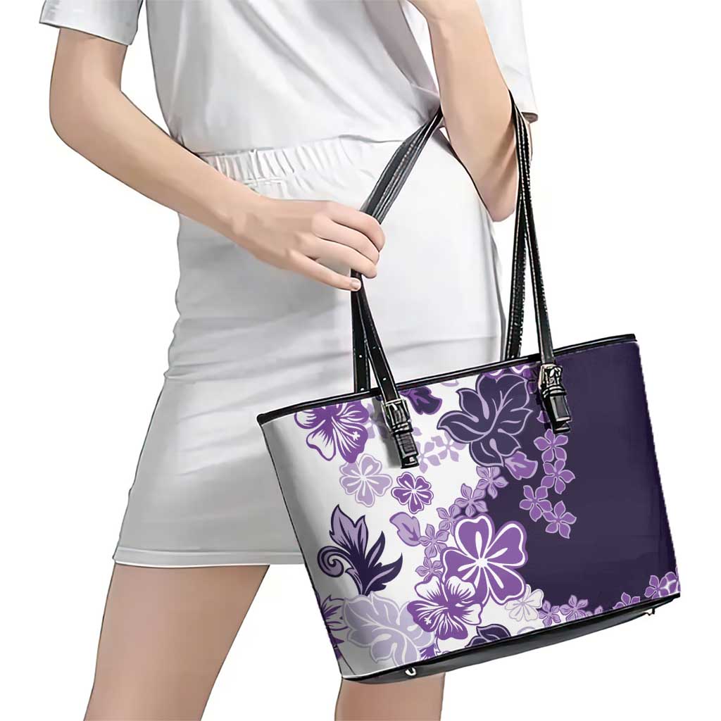 Purple Hibiscus Plumeria Floral Leather Tote Bag - Polynesian Pride