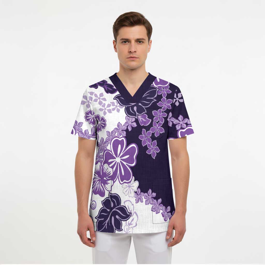 Purple Hibiscus Plumeria Floral Scrub Top - Polynesian Pride
