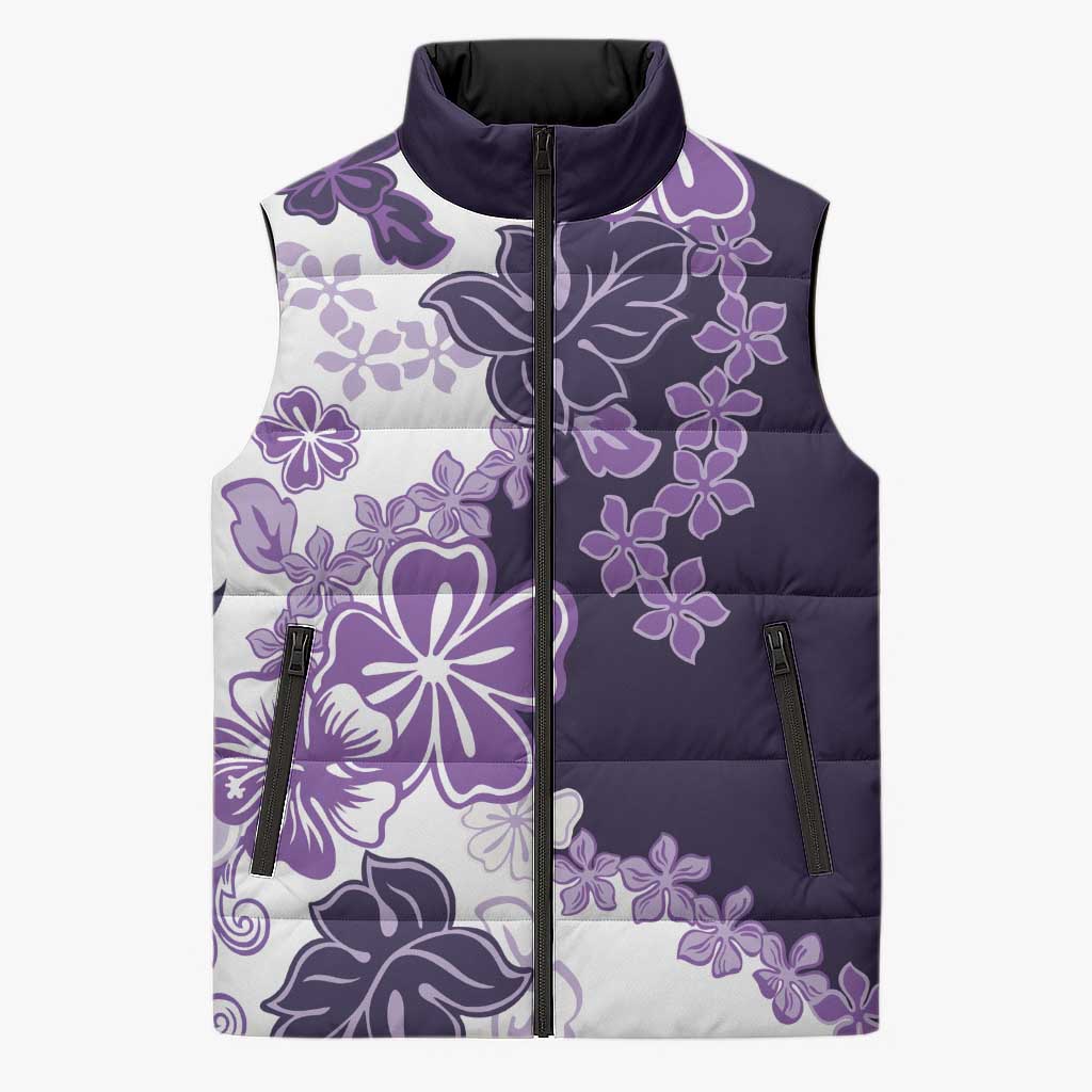 Purple Hibiscus Plumeria Floral Sleeveless Puffer Jacket - Polynesian Pride