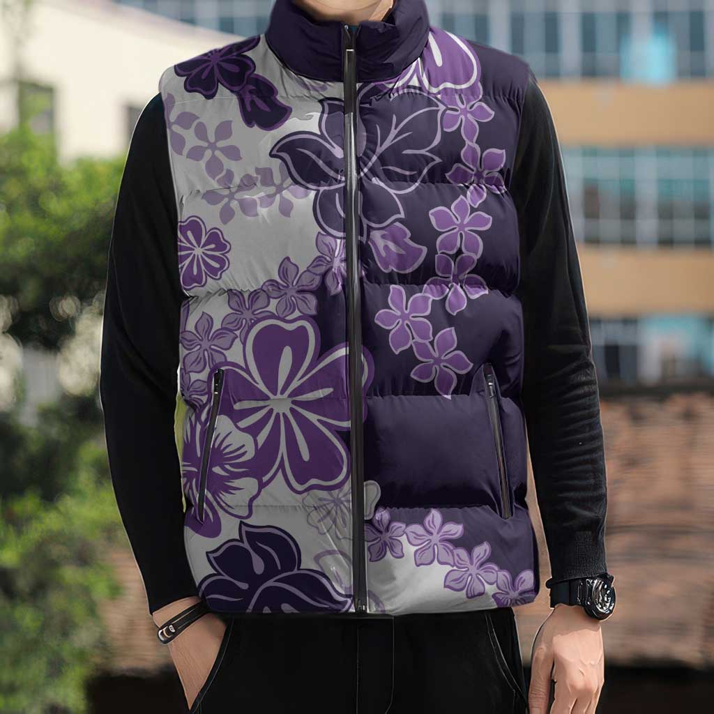 Purple Hibiscus Plumeria Floral Sleeveless Puffer Jacket - Polynesian Pride
