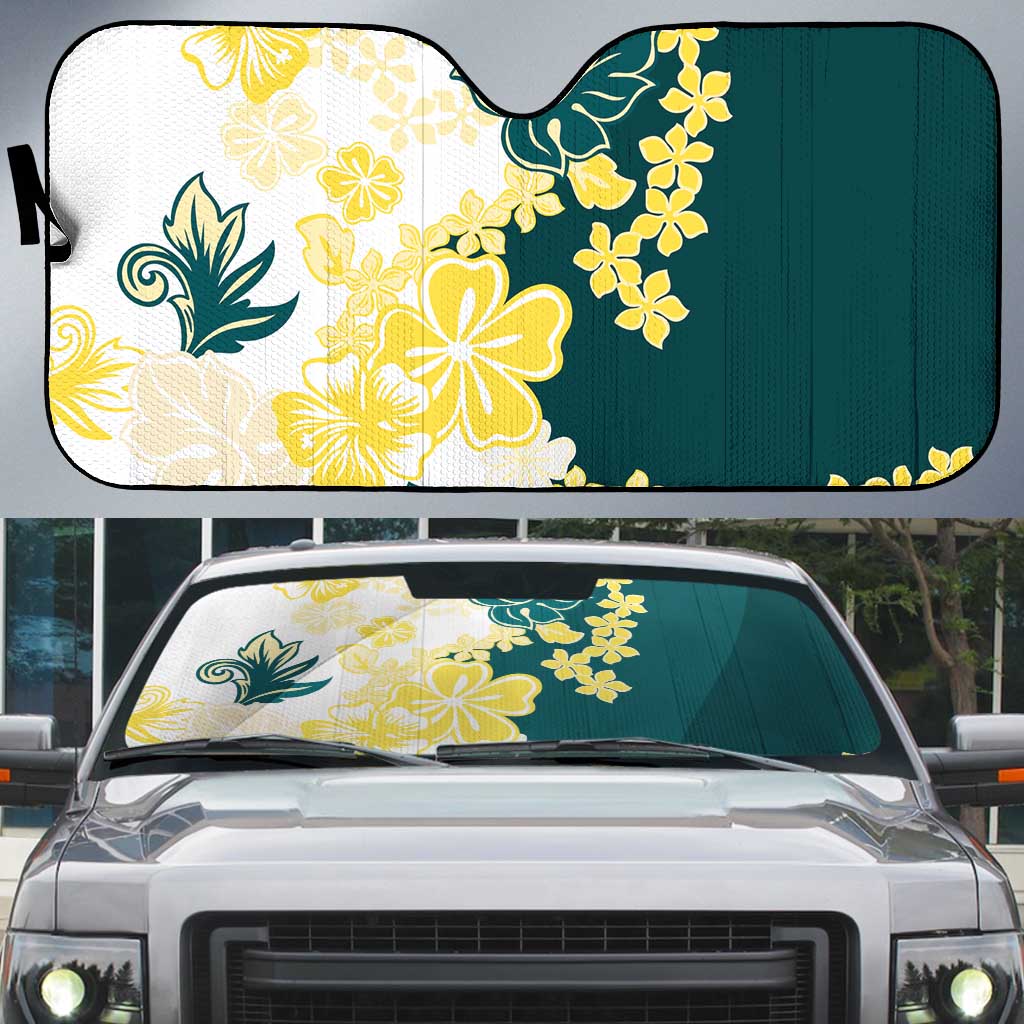 Yelow Teal Hibiscus Plumeria Floral Auto Sun Shade - Polynesian Pride