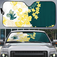 Yelow Teal Hibiscus Plumeria Floral Auto Sun Shade - Polynesian Pride