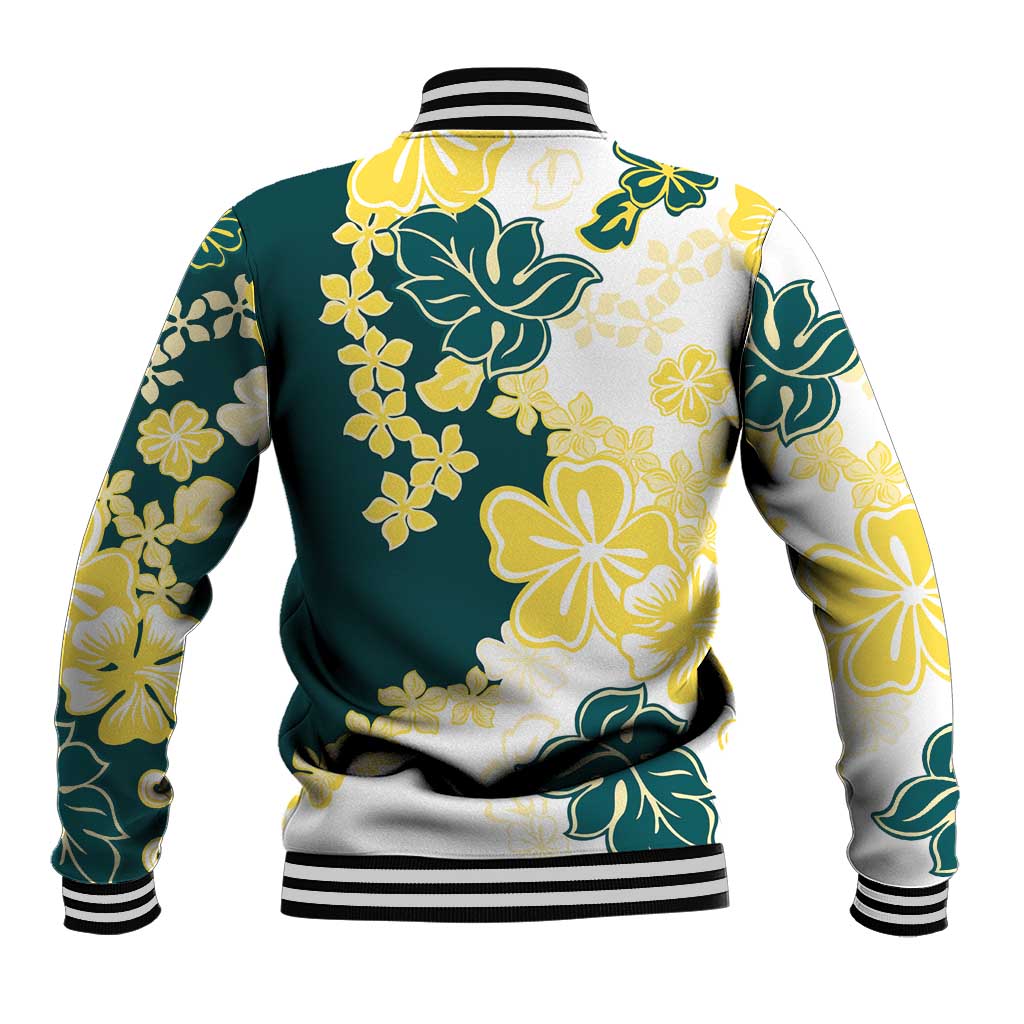 Yelow Teal Hibiscus Plumeria Floral Baseball Jacket - Polynesian Pride