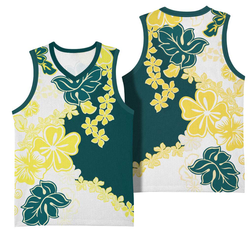 Yelow Teal Hibiscus Plumeria Floral Basketball Jersey - Polynesian Pride