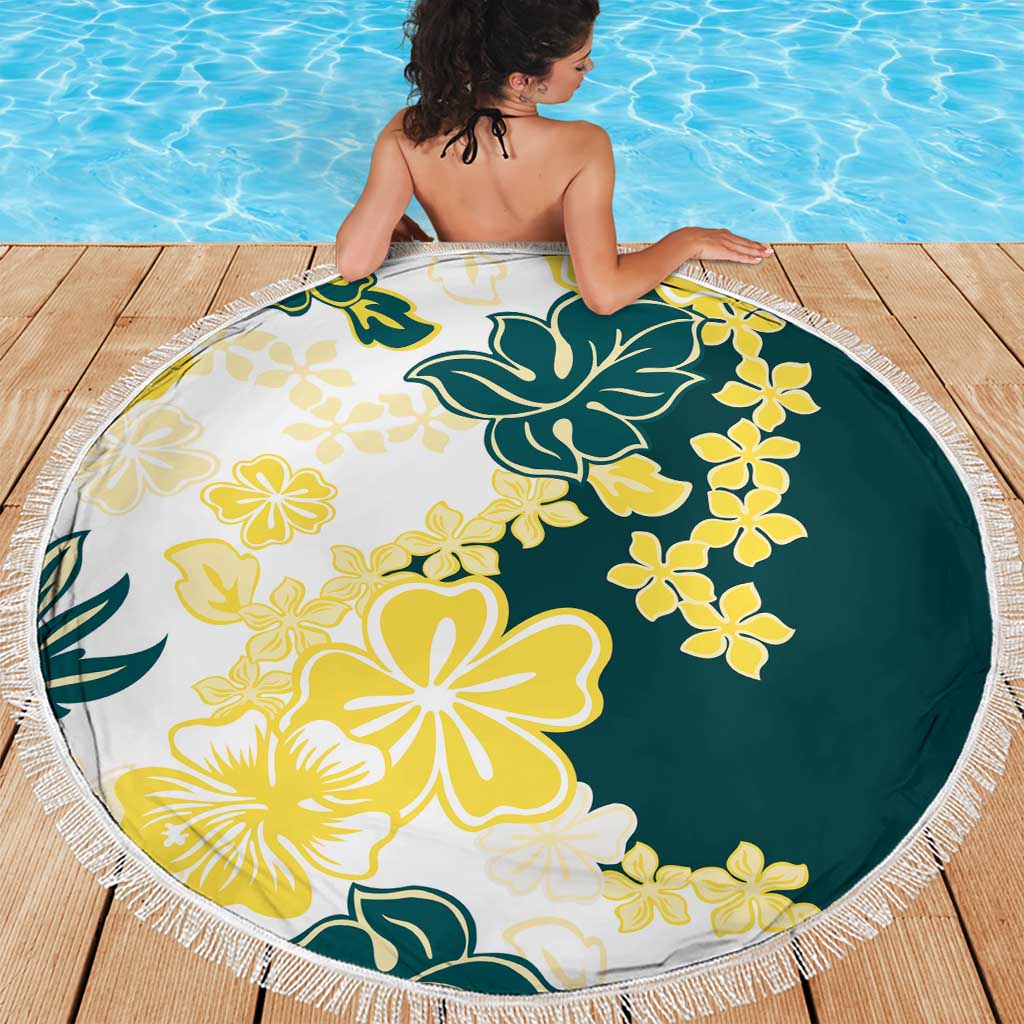 Yelow Teal Hibiscus Plumeria Floral Beach Blanket - Polynesian Pride