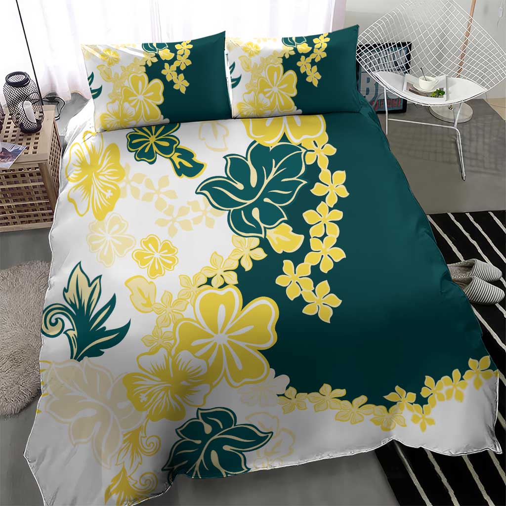 Yelow Teal Hibiscus Plumeria Floral Bedding Set - Polynesian Pride