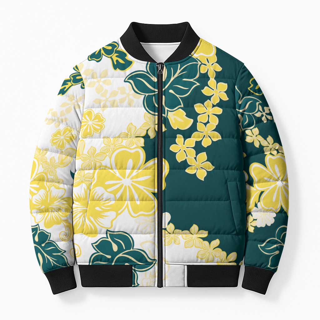 Yelow Teal Hibiscus Plumeria Floral Bomber Puffer Jacket - Polynesian Pride