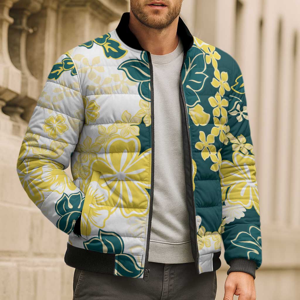 Yelow Teal Hibiscus Plumeria Floral Bomber Puffer Jacket - Polynesian Pride