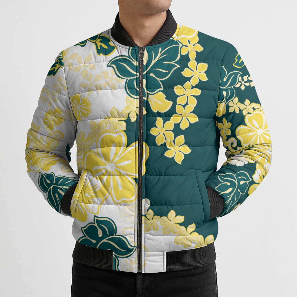 Yelow Teal Hibiscus Plumeria Floral Bomber Puffer Jacket - Polynesian Pride