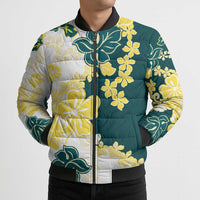 Yelow Teal Hibiscus Plumeria Floral Bomber Puffer Jacket - Polynesian Pride
