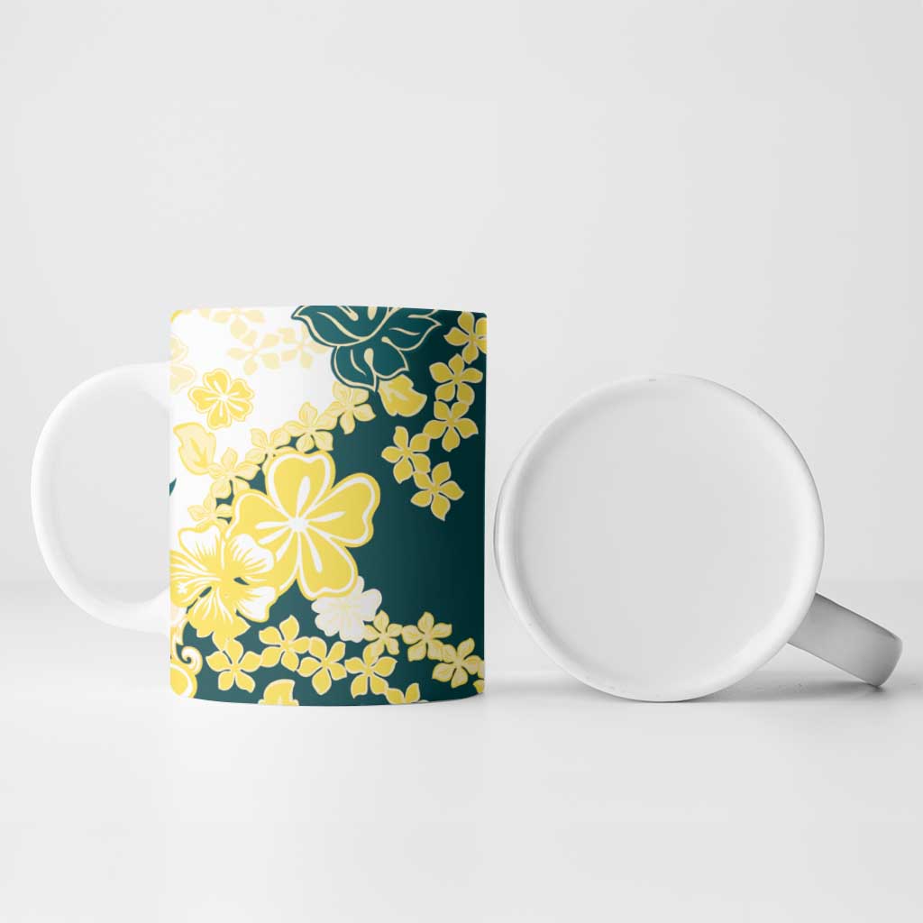 Yelow Teal Hibiscus Plumeria Floral Ceramic Mug - Polynesian Pride