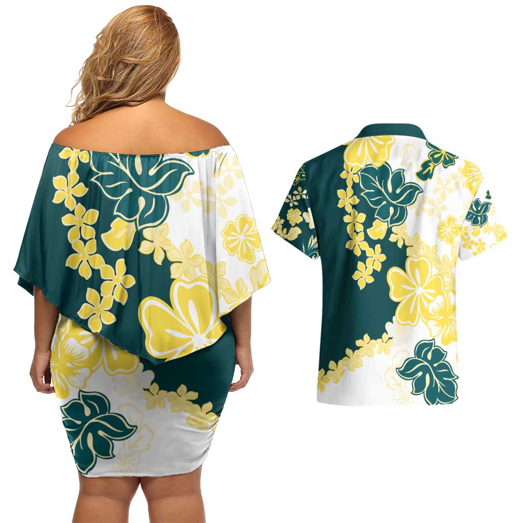 Yelow Teal Hibiscus Plumeria Floral Couples Matching Off Shoulder Short Dress and Hawaiian Shirt LT01 - Polynesian Pride