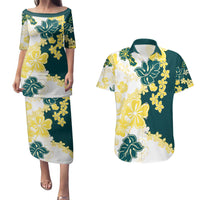 Yelow Teal Hibiscus Plumeria Floral Couples Matching Puletasi and Hawaiian Shirt LT01 Yellow - Polynesian Pride