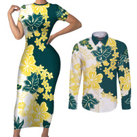 Yelow Teal Hibiscus Plumeria Floral Couples Matching Short Sleeve Bodycon Dress and Long Sleeve Button Shirt LT01 Yellow - Polynesian Pride