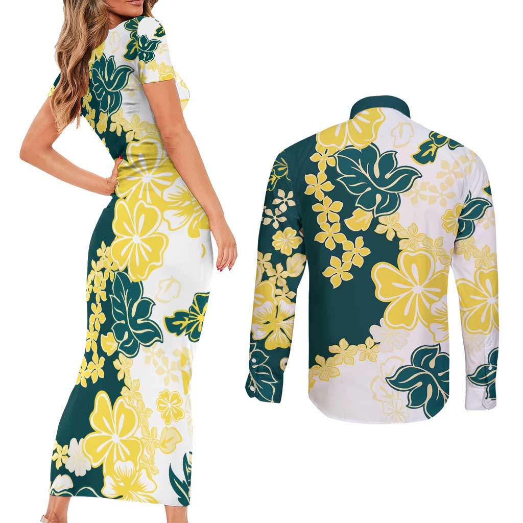 Yelow Teal Hibiscus Plumeria Floral Couples Matching Short Sleeve Bodycon Dress and Long Sleeve Button Shirt LT01 - Polynesian Pride