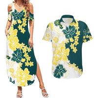 Yelow Teal Hibiscus Plumeria Floral Couples Matching Summer Maxi Dress and Hawaiian Shirt LT01 Yellow - Polynesian Pride