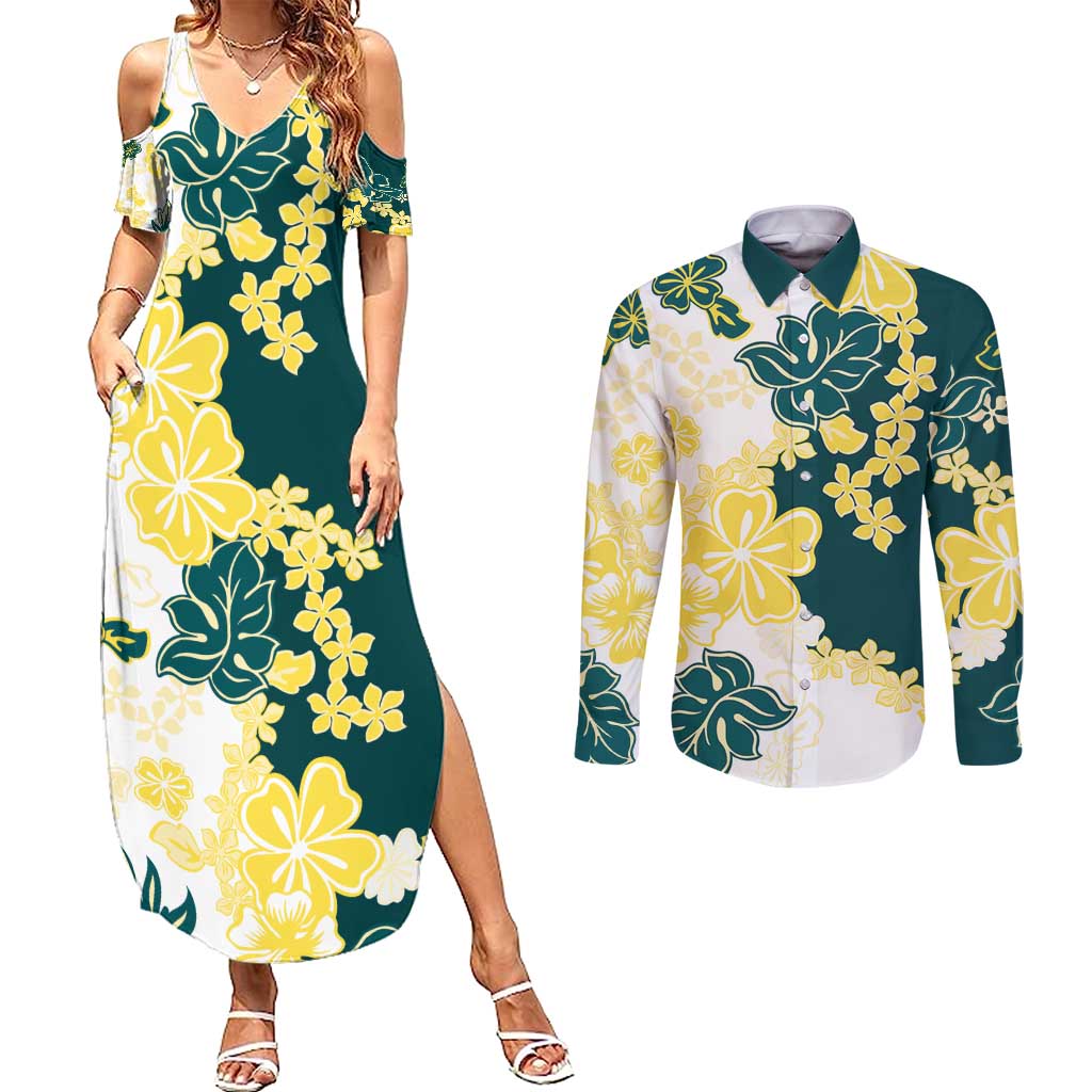 Yelow Teal Hibiscus Plumeria Floral Couples Matching Summer Maxi Dress and Long Sleeve Button Shirt LT01 Yellow - Polynesian Pride