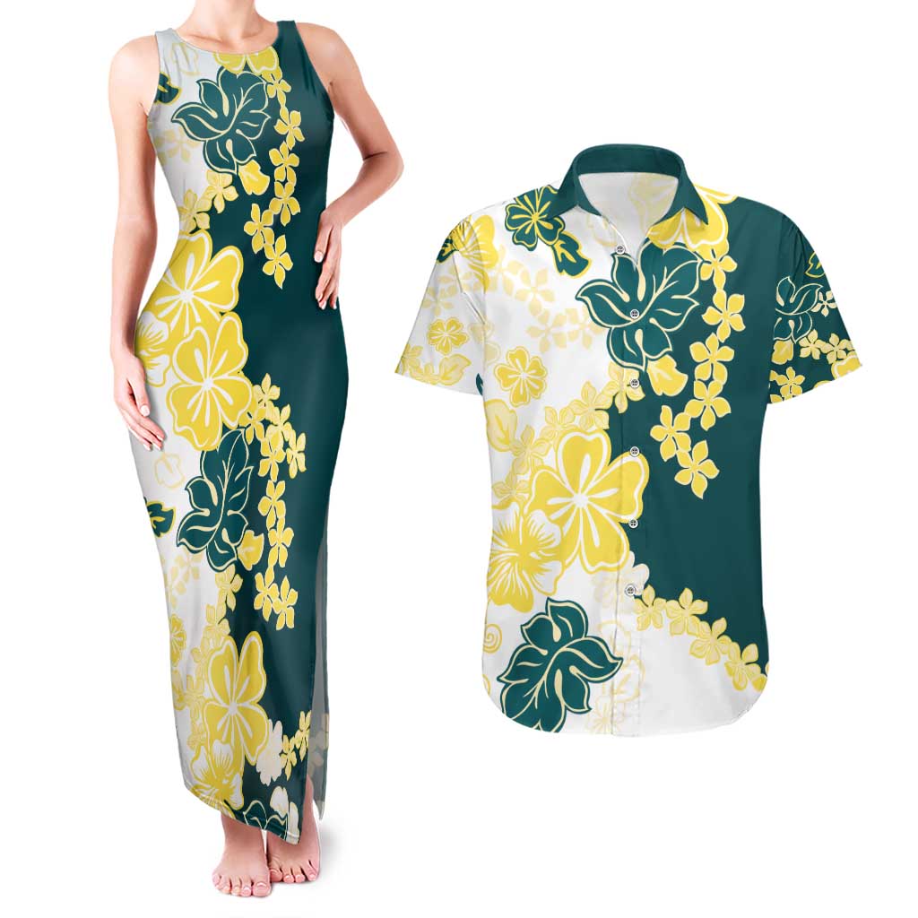 Yelow Teal Hibiscus Plumeria Floral Couples Matching Tank Maxi Dress and Hawaiian Shirt LT01 Yellow - Polynesian Pride