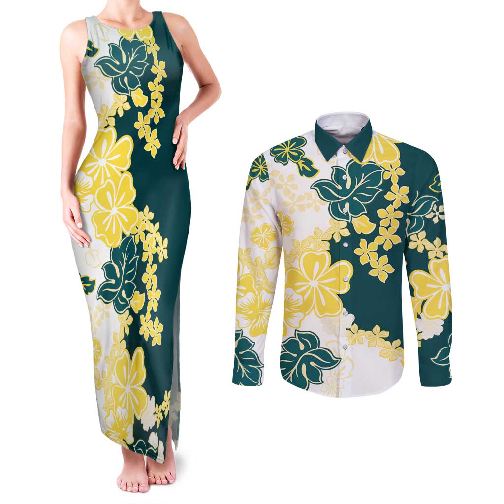 Yelow Teal Hibiscus Plumeria Floral Couples Matching Tank Maxi Dress and Long Sleeve Button Shirt LT01 Yellow - Polynesian Pride