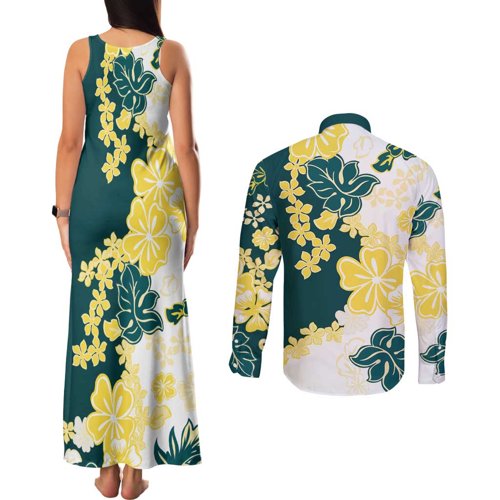 Yelow Teal Hibiscus Plumeria Floral Couples Matching Tank Maxi Dress and Long Sleeve Button Shirt LT01 - Polynesian Pride