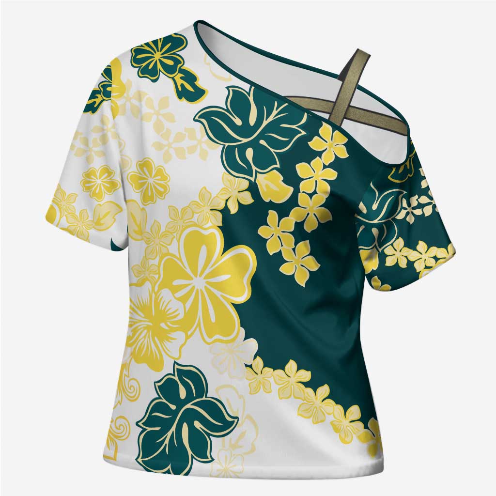 Yelow Teal Hibiscus Plumeria Floral Cross Shoulder Shirt LT01 Female Yellow - Polynesian Pride