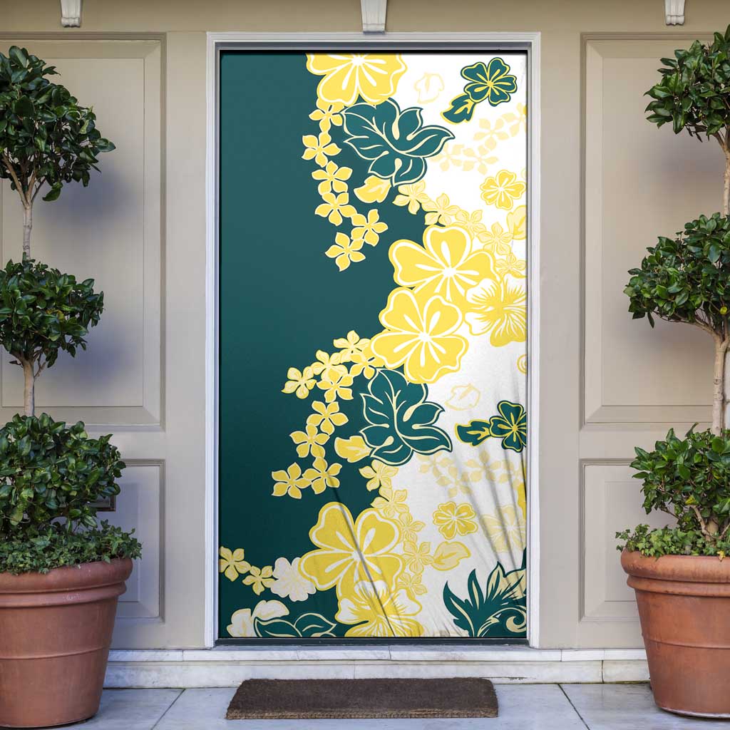 Yelow Teal Hibiscus Plumeria Floral Door Cover - Polynesian Pride