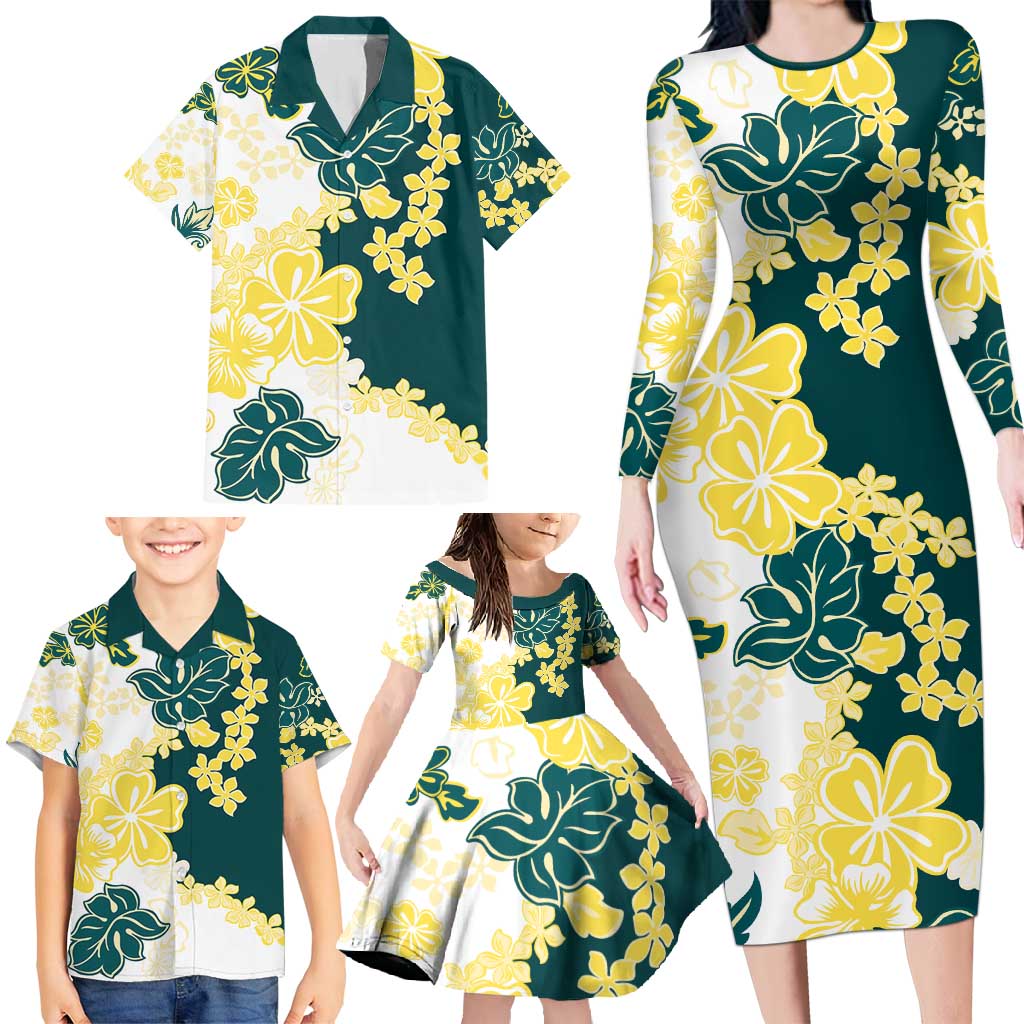 Yelow Teal Hibiscus Plumeria Floral Family Matching Long Sleeve Bodycon Dress and Hawaiian Shirt LT01 - Polynesian Pride