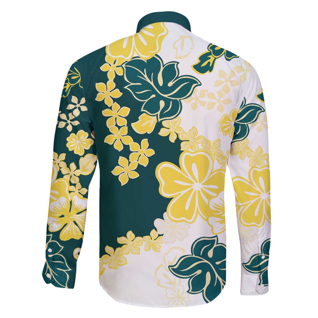 Yelow Teal Hibiscus Plumeria Floral Family Matching Long Sleeve Bodycon Dress and Hawaiian Shirt LT01 - Polynesian Pride