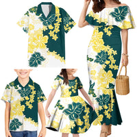 Yelow Teal Hibiscus Plumeria Floral Family Matching Mermaid Dress and Hawaiian Shirt LT01 - Polynesian Pride