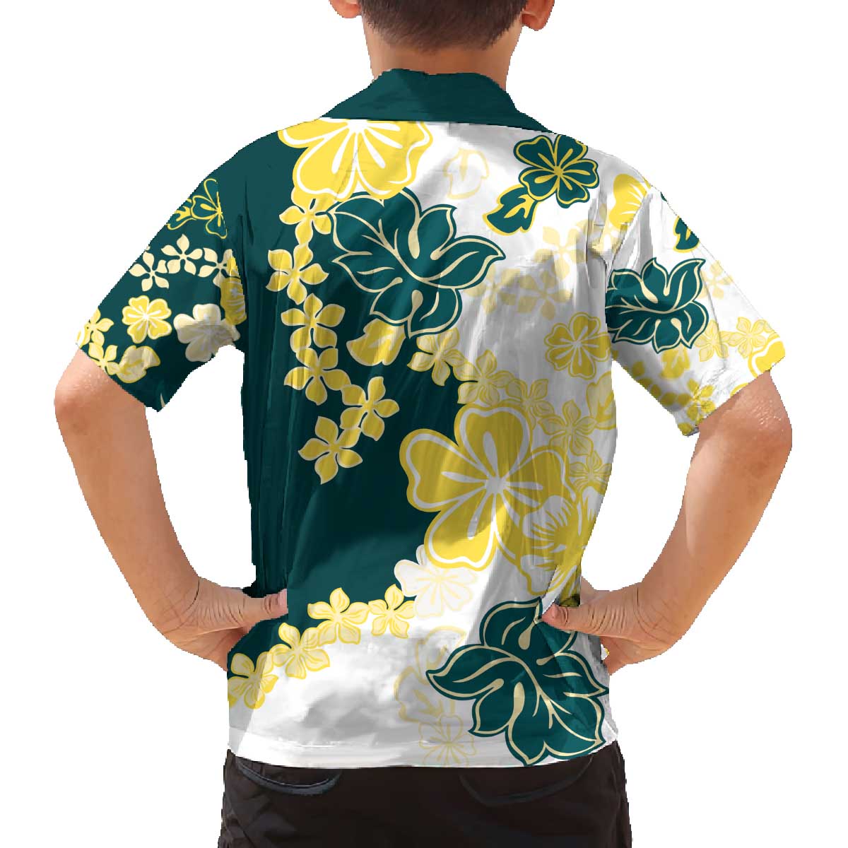 Yelow Teal Hibiscus Plumeria Floral Family Matching Off The Shoulder Long Sleeve Dress and Hawaiian Shirt - Polynesian Pride