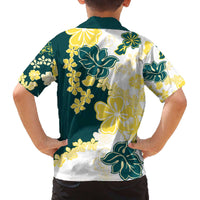 Yelow Teal Hibiscus Plumeria Floral Family Matching Off The Shoulder Long Sleeve Dress and Hawaiian Shirt - Polynesian Pride