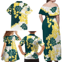 Yelow Teal Hibiscus Plumeria Floral Family Matching Off Shoulder Maxi Dress and Hawaiian Shirt - Polynesian Pride