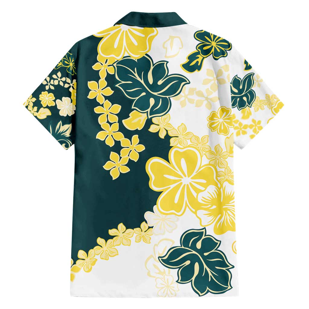 Yelow Teal Hibiscus Plumeria Floral Family Matching Puletasi and Hawaiian Shirt - Polynesian Pride