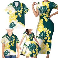 Yelow Teal Hibiscus Plumeria Floral Family Matching Short Sleeve Bodycon Dress and Hawaiian Shirt LT01 - Polynesian Pride