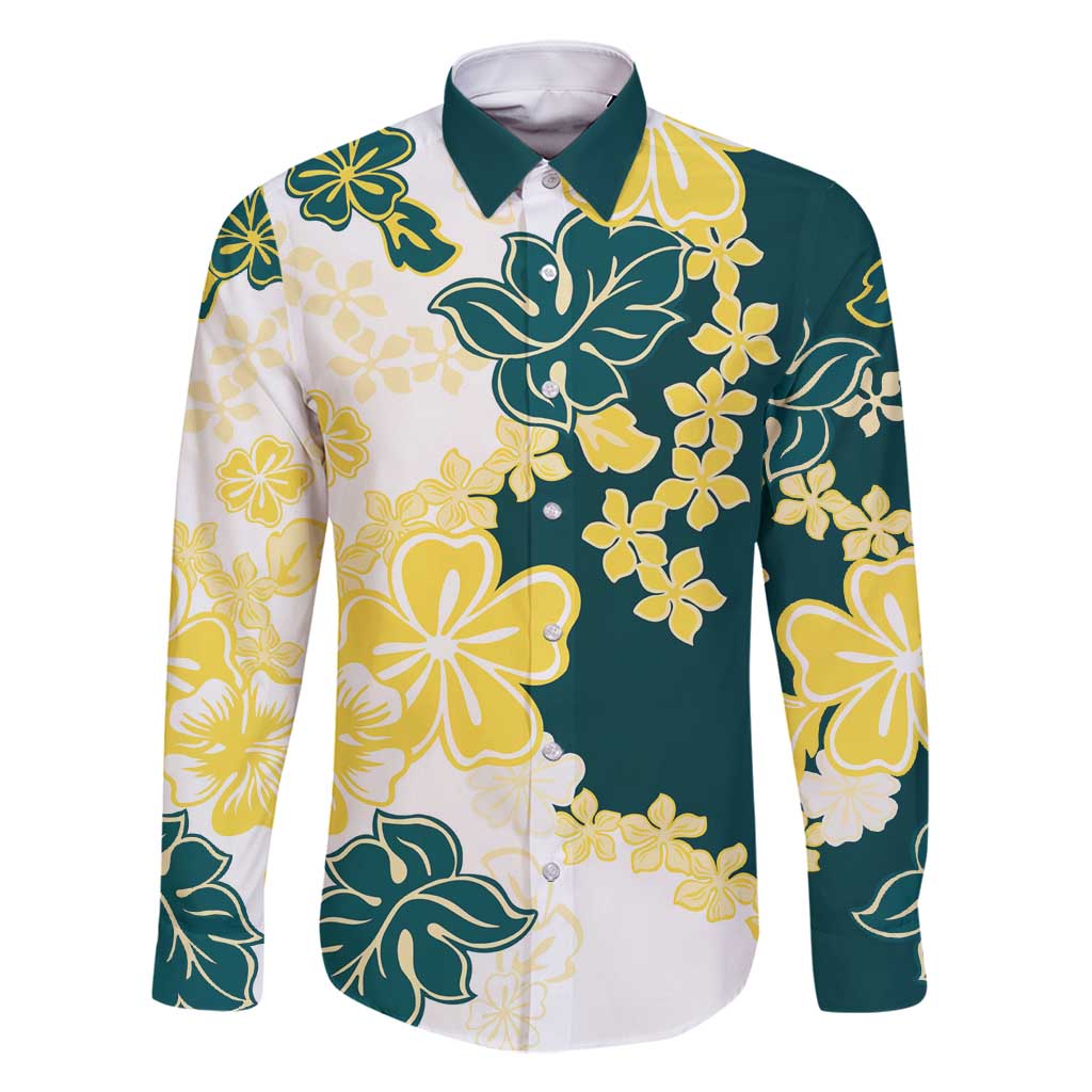 Yelow Teal Hibiscus Plumeria Floral Family Matching Summer Maxi Dress and Hawaiian Shirt LT01 Dad's Shirt - Long Sleeve Yellow - Polynesian Pride