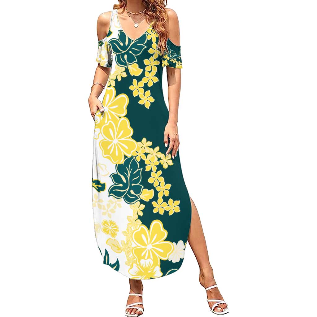 Yelow Teal Hibiscus Plumeria Floral Family Matching Summer Maxi Dress and Hawaiian Shirt LT01 Mom's Dress Yellow - Polynesian Pride