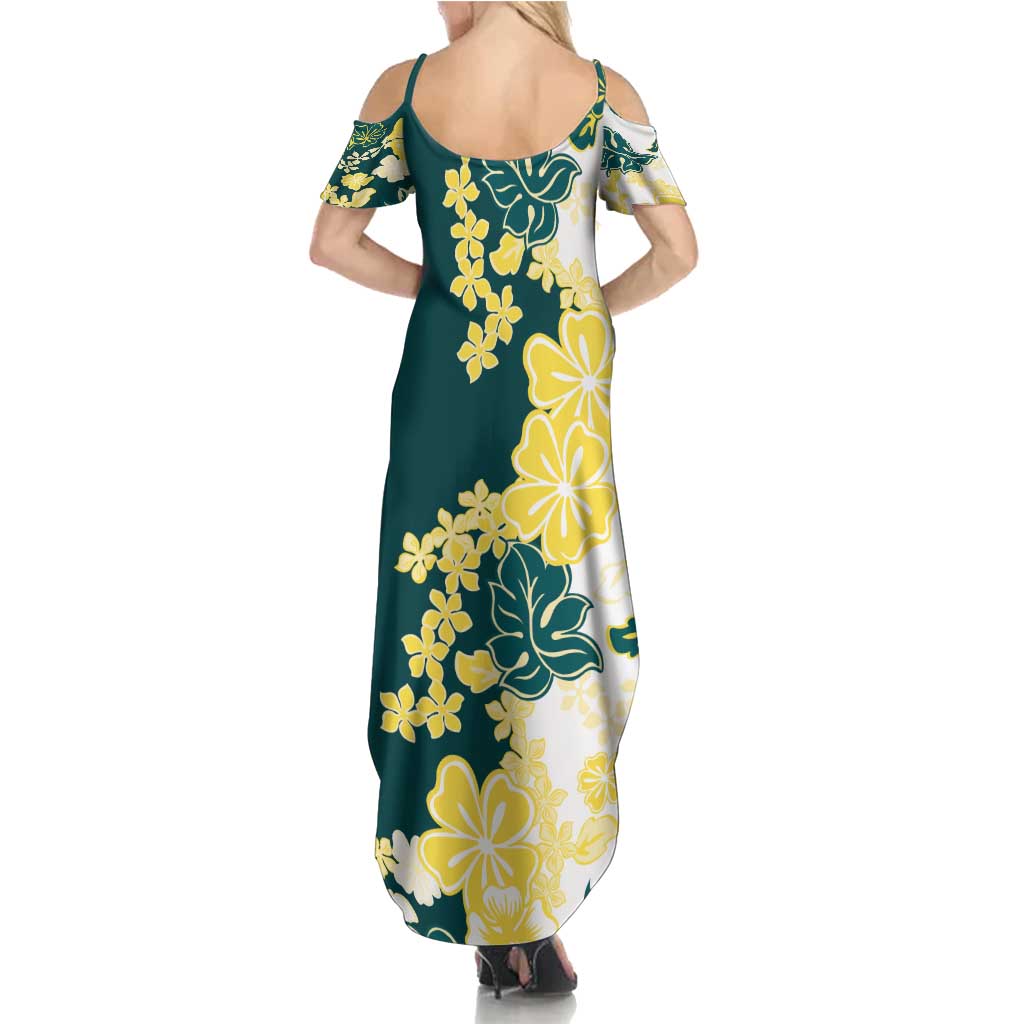 Yelow Teal Hibiscus Plumeria Floral Family Matching Summer Maxi Dress and Hawaiian Shirt LT01 - Polynesian Pride