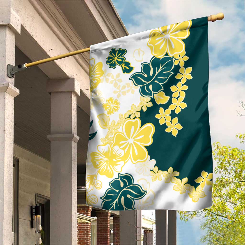 Yelow Teal Hibiscus Plumeria Floral Garden Flag - Polynesian Pride