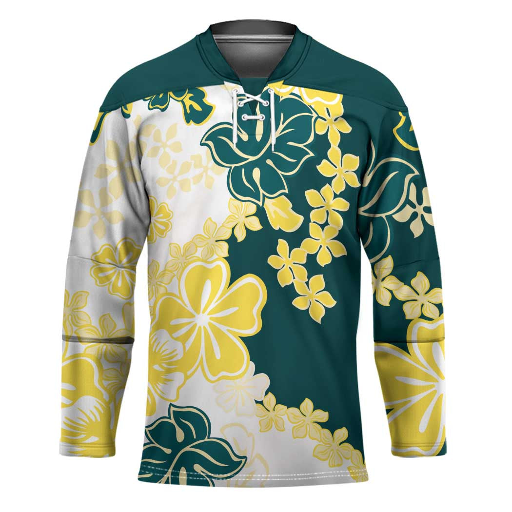 Yelow Teal Hibiscus Plumeria Floral Hockey Jersey LT01 Unisex Yellow - Polynesian Pride