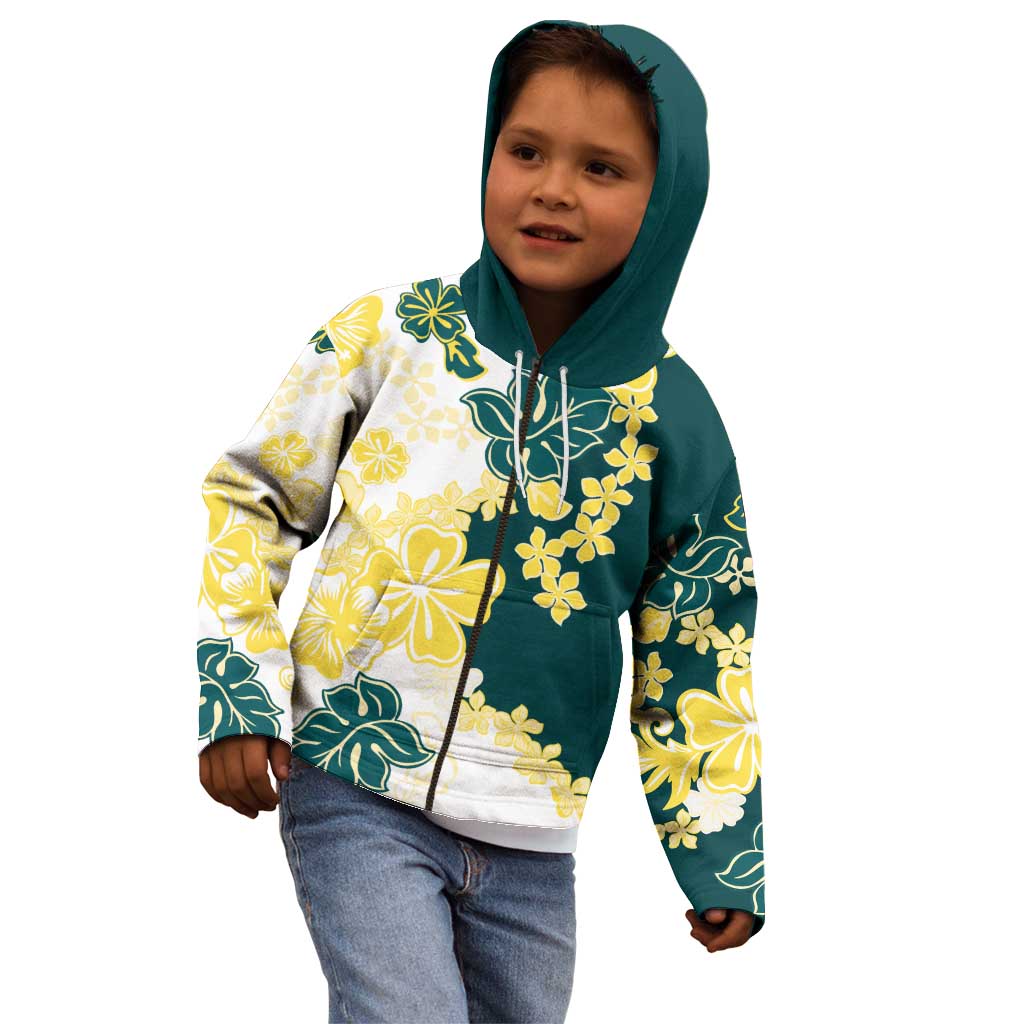 Yelow Teal Hibiscus Plumeria Floral Kid Hoodie - Polynesian Pride