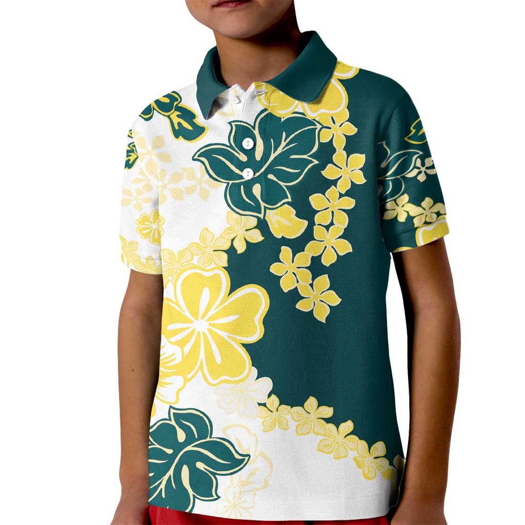 Yelow Teal Hibiscus Plumeria Floral Kid Polo Shirt - Polynesian Pride