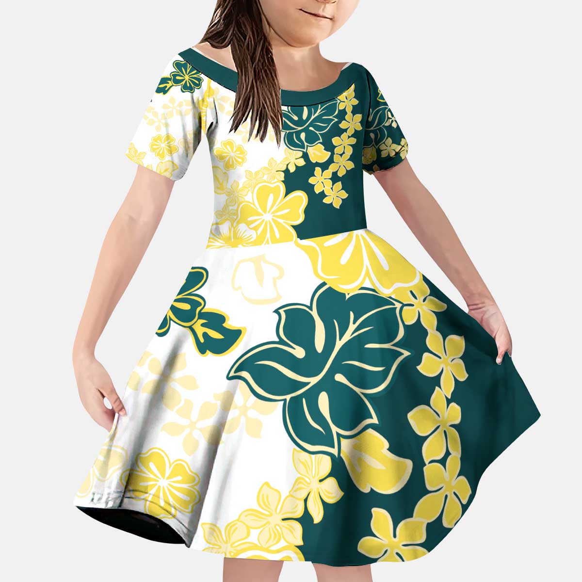 Yelow Teal Hibiscus Plumeria Floral Kid Short Sleeve Dress - Polynesian Pride