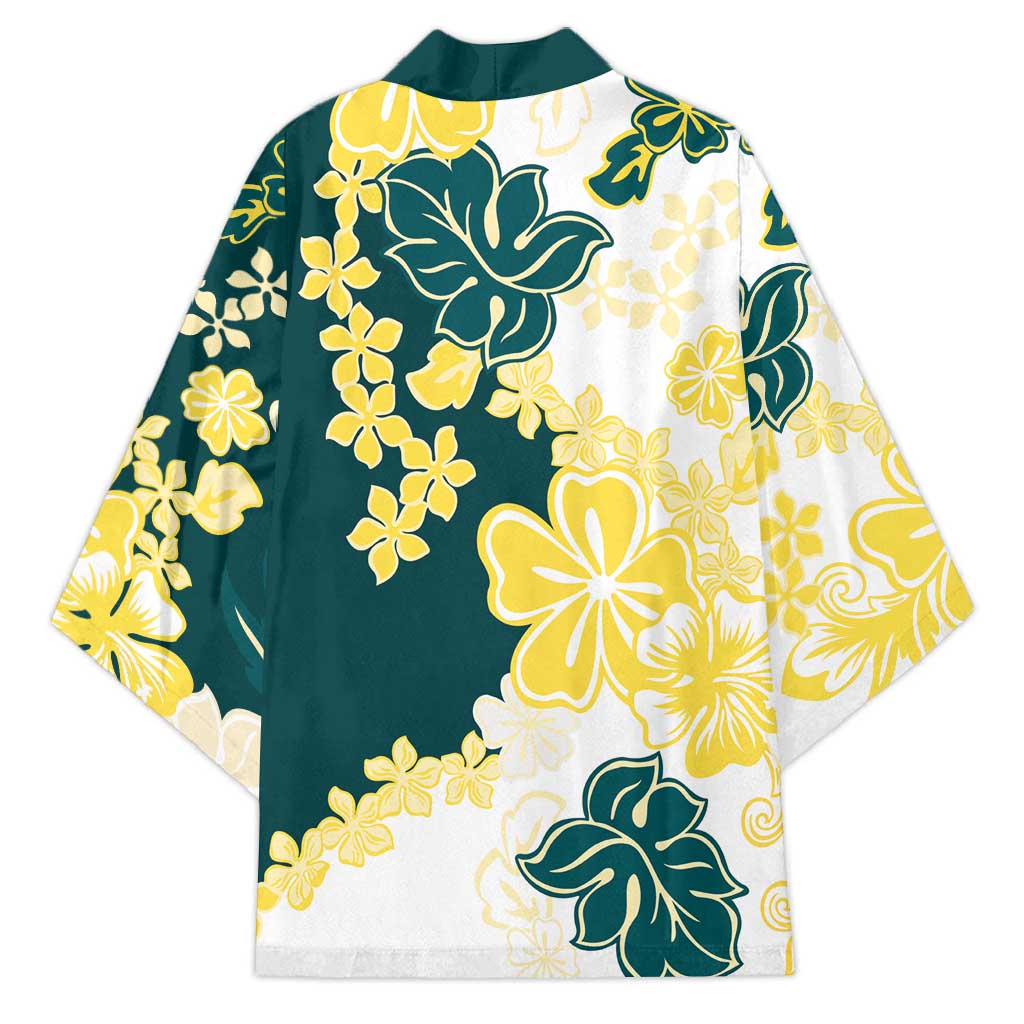 Yelow Teal Hibiscus Plumeria Floral Kimono LT01 - Polynesian Pride